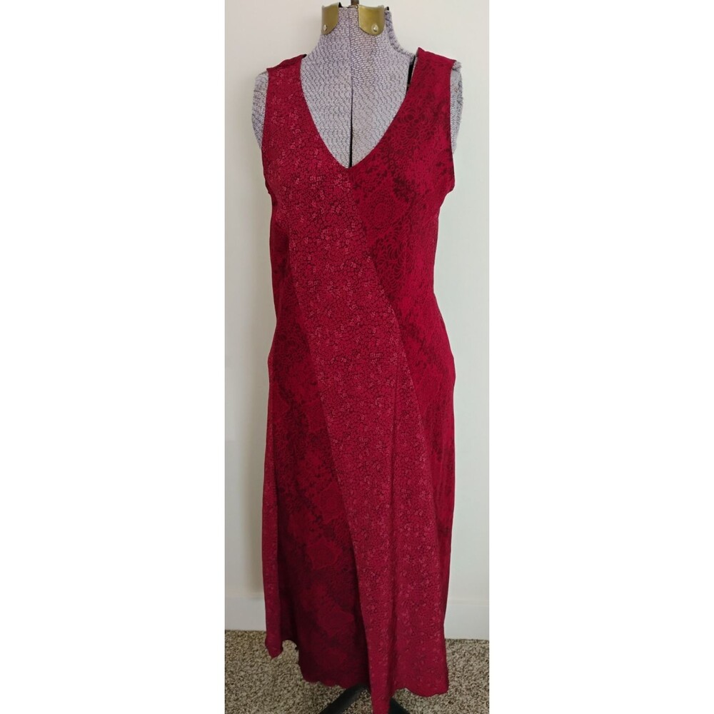 Vtg Norton McNaugton Petites Maxi Shift Dress V Neck Bias Cut Cranberry Floral M